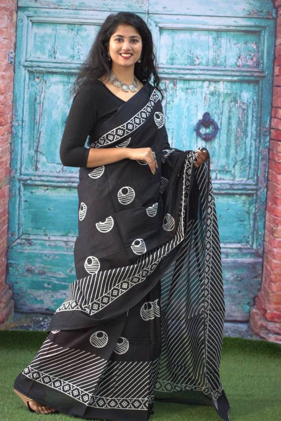 Printed Black n White Print Cotton MulMul Saree