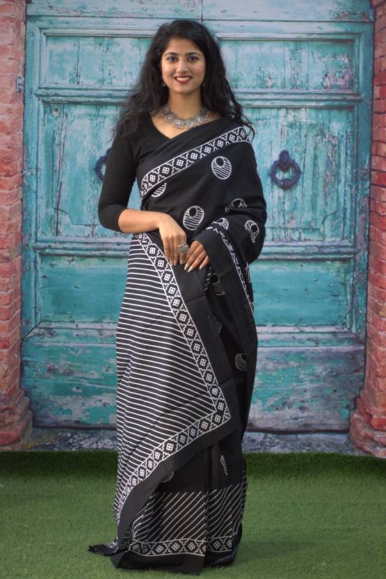 Printed Black n White Print Cotton MulMul Saree