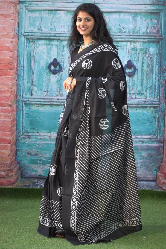 Printed Black n White Print Cotton MulMul Saree