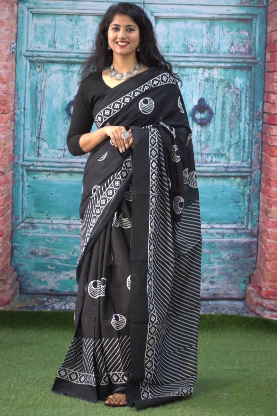 Printed Black n White Print Cotton MulMul Saree