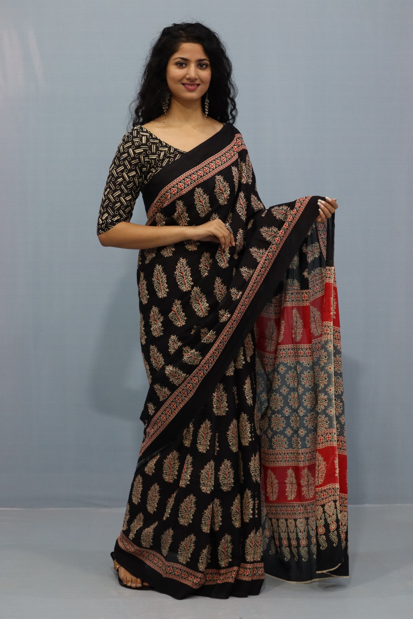 Printed Black Ajrak Print Cotton MulMul Saree