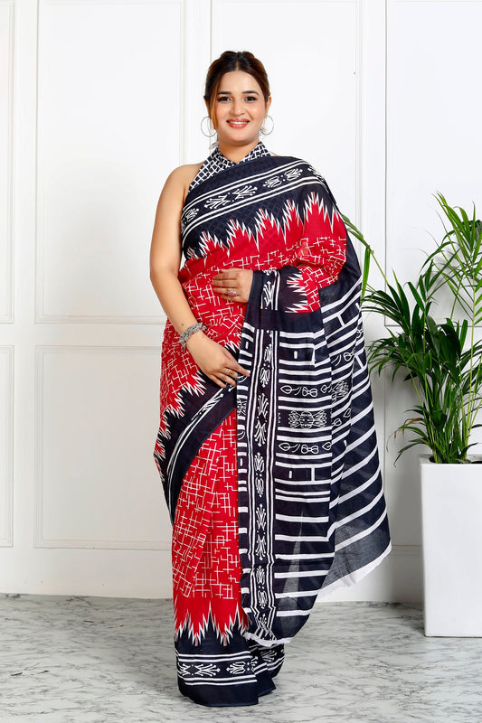 Printed Red Ikkat Print Cotton MulMul Saree