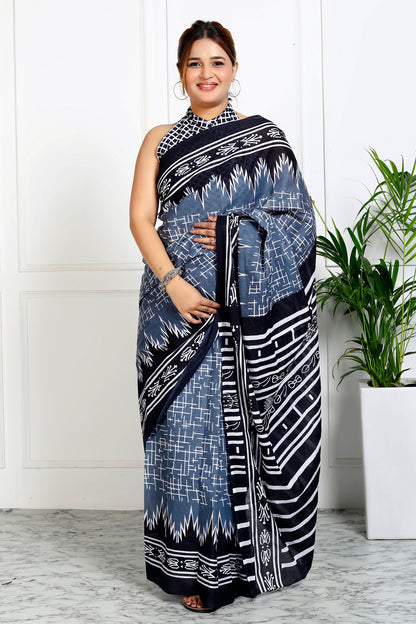 Printed Grey Ikkat Print Cotton MulMul Saree