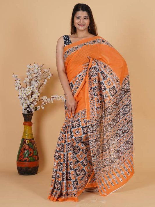 Printed Orange Ajrak Print Cotton MulMul Saree