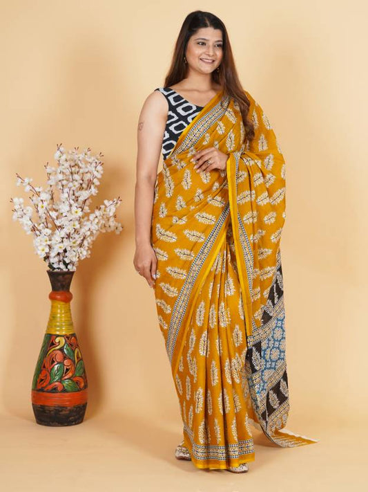 Printed Yellow Ajrak Print Cotton MulMul Saree