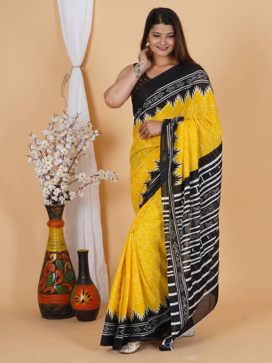 Printed Yellow Ikkat Print Cotton MulMul Saree