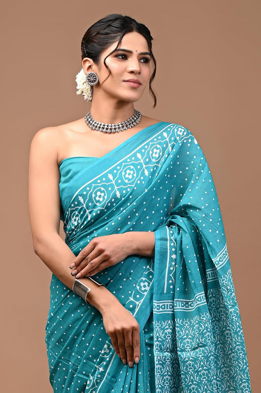 Cotton MulMul Sea Green Printed Sarees