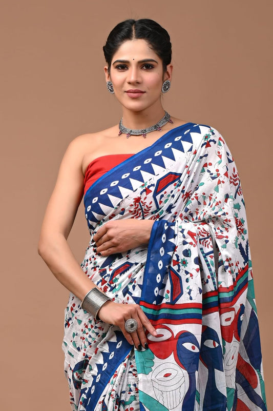 Cotton MulMul White Printed Sarees