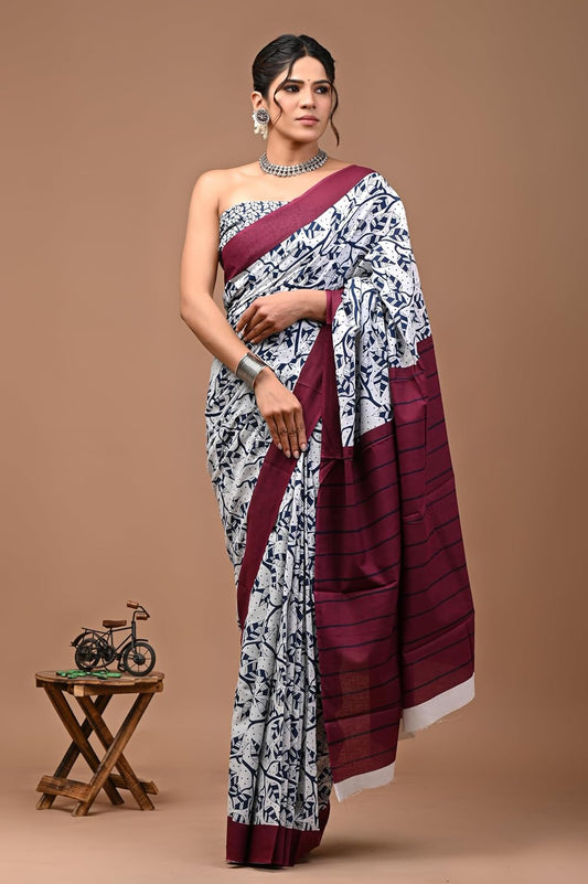 Cotton MulMul White Printed Sarees