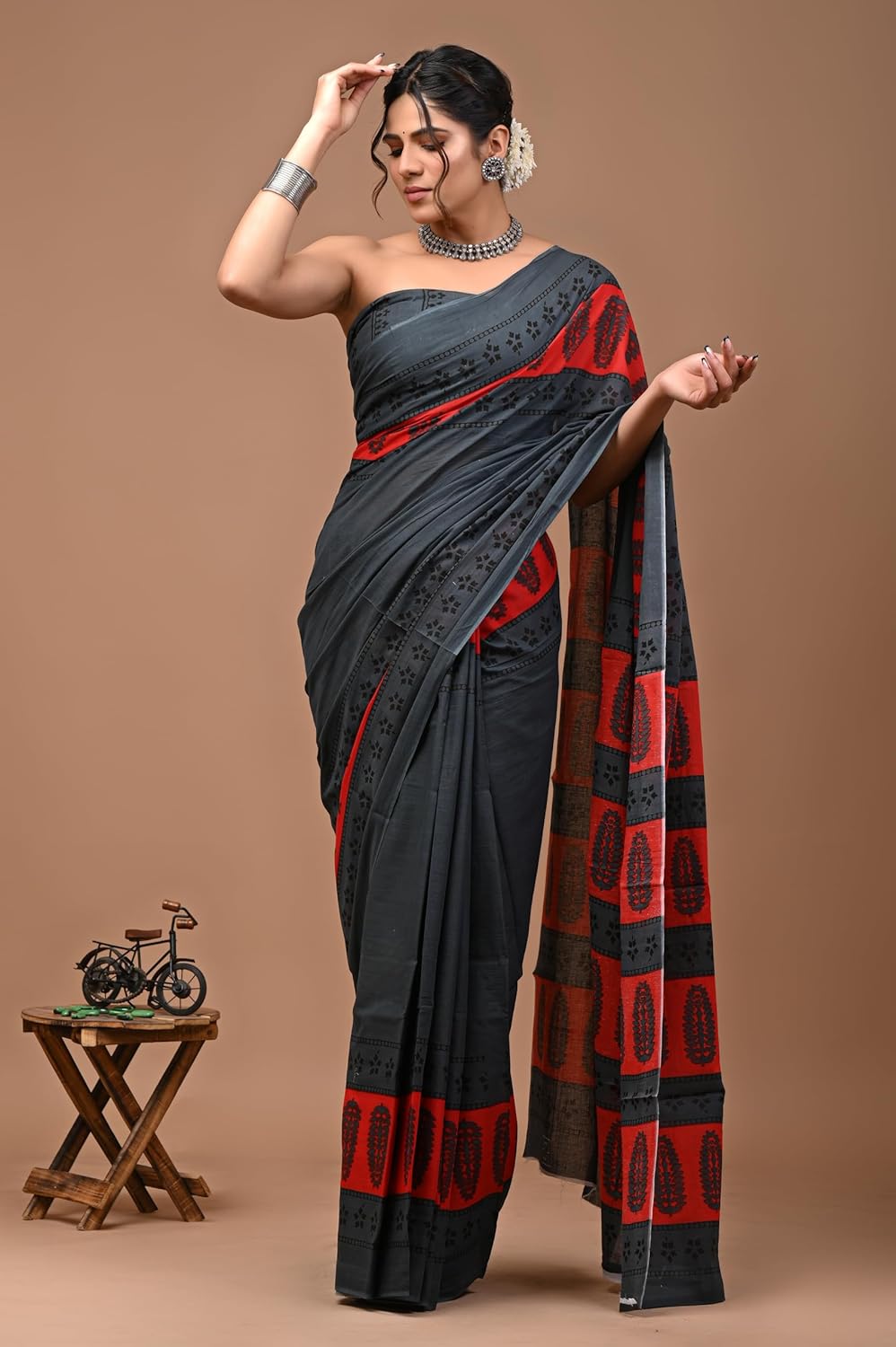 Cotton MulMul Black Printed Sarees