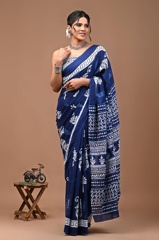 Printed Blue Dabu Print Cotton MulMul Saree