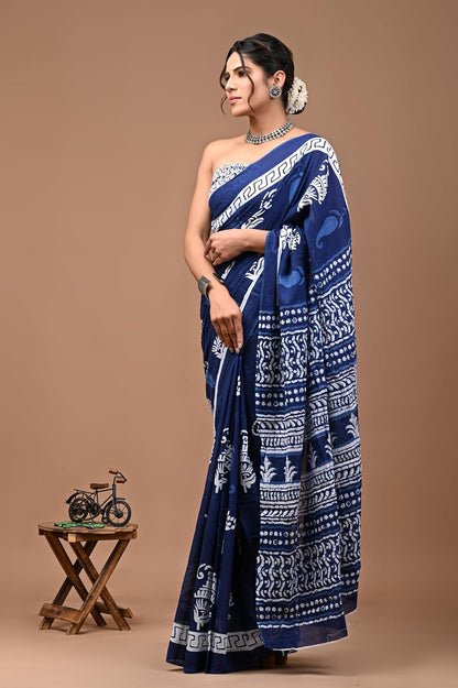 Printed Blue Dabu Print Cotton MulMul Saree