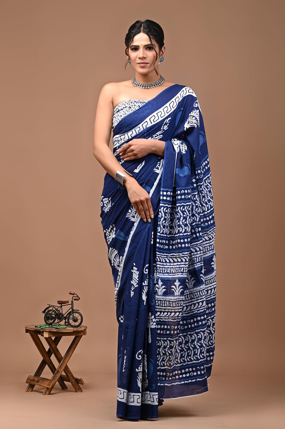 Printed Blue Dabu Print Cotton MulMul Saree