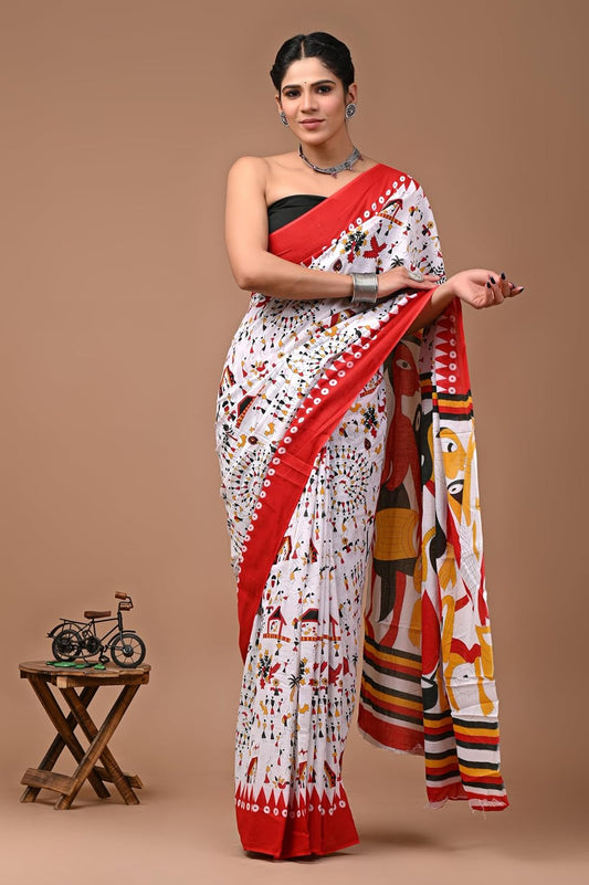 Cotton MulMul White Printed Sarees