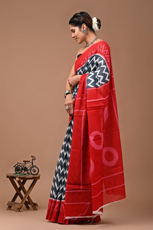 Printed Red Ikkat Print Cotton MulMul Saree