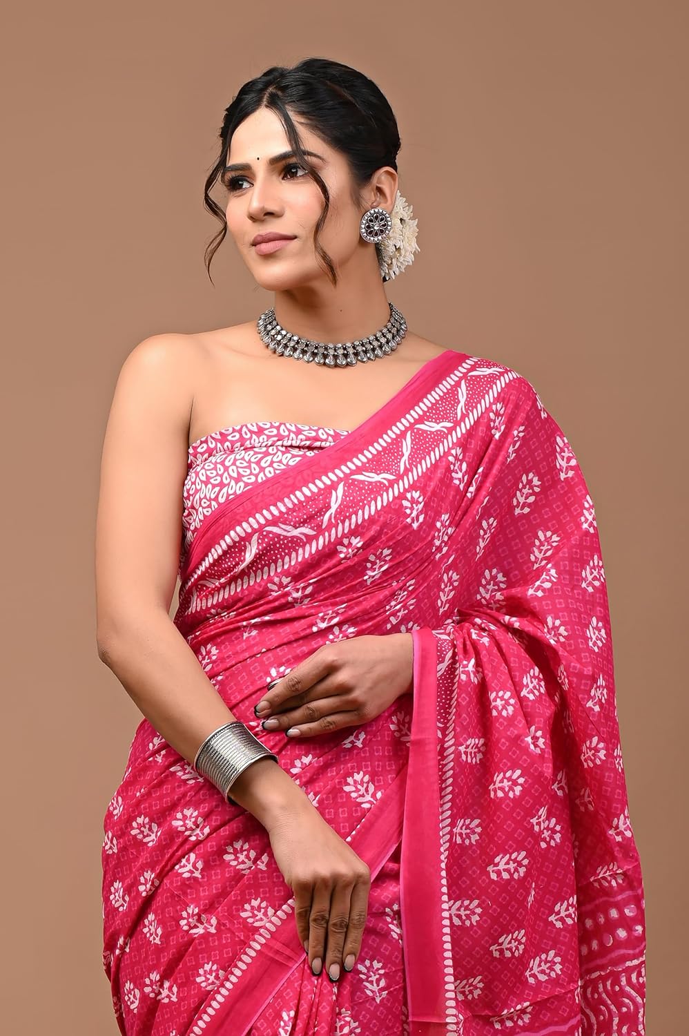 Cotton MulMul Pink Printed Sarees