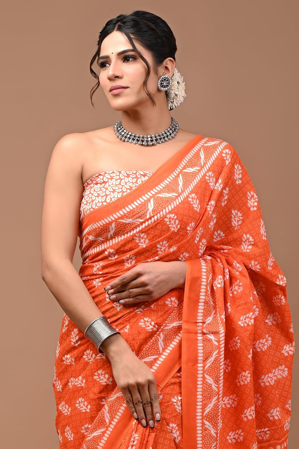 Cotton MulMul Orange Printed Sarees