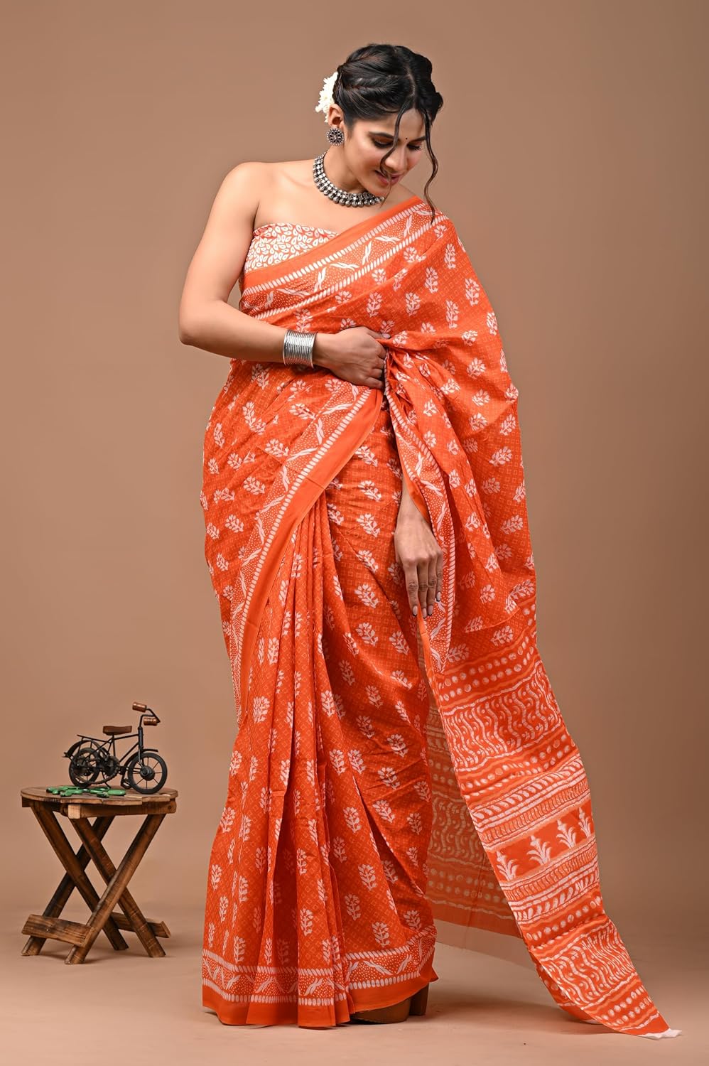 Cotton MulMul Orange Printed Sarees