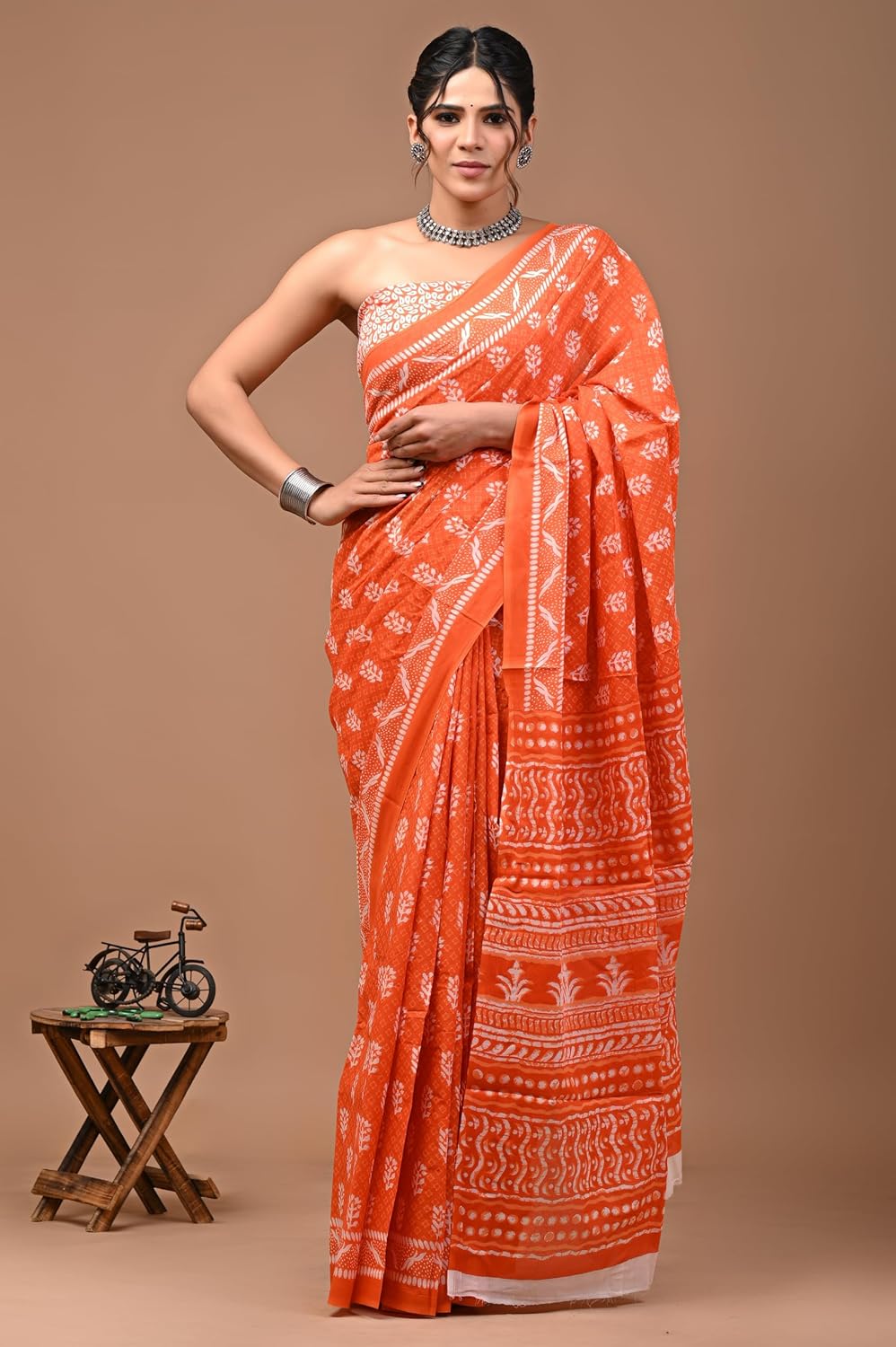 Cotton MulMul Orange Printed Sarees