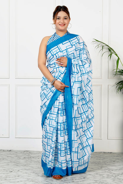 Cotton MulMul White And Blue Printed Sarees