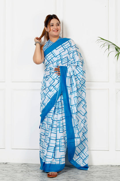 Cotton MulMul White And Blue Printed Sarees