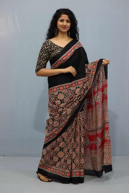 Printed Black Ajrak Print Cotton MulMul Saree