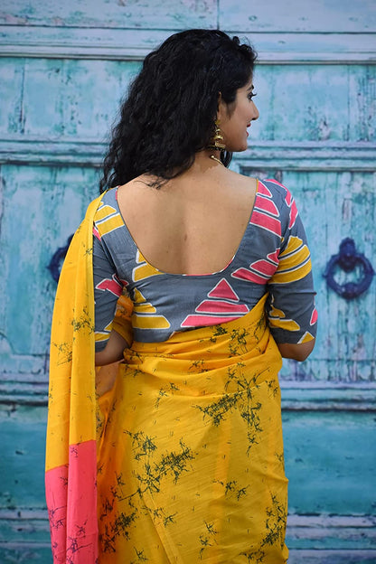 Printed Mustard Yellow Batik Print Cotton MulMul Saree