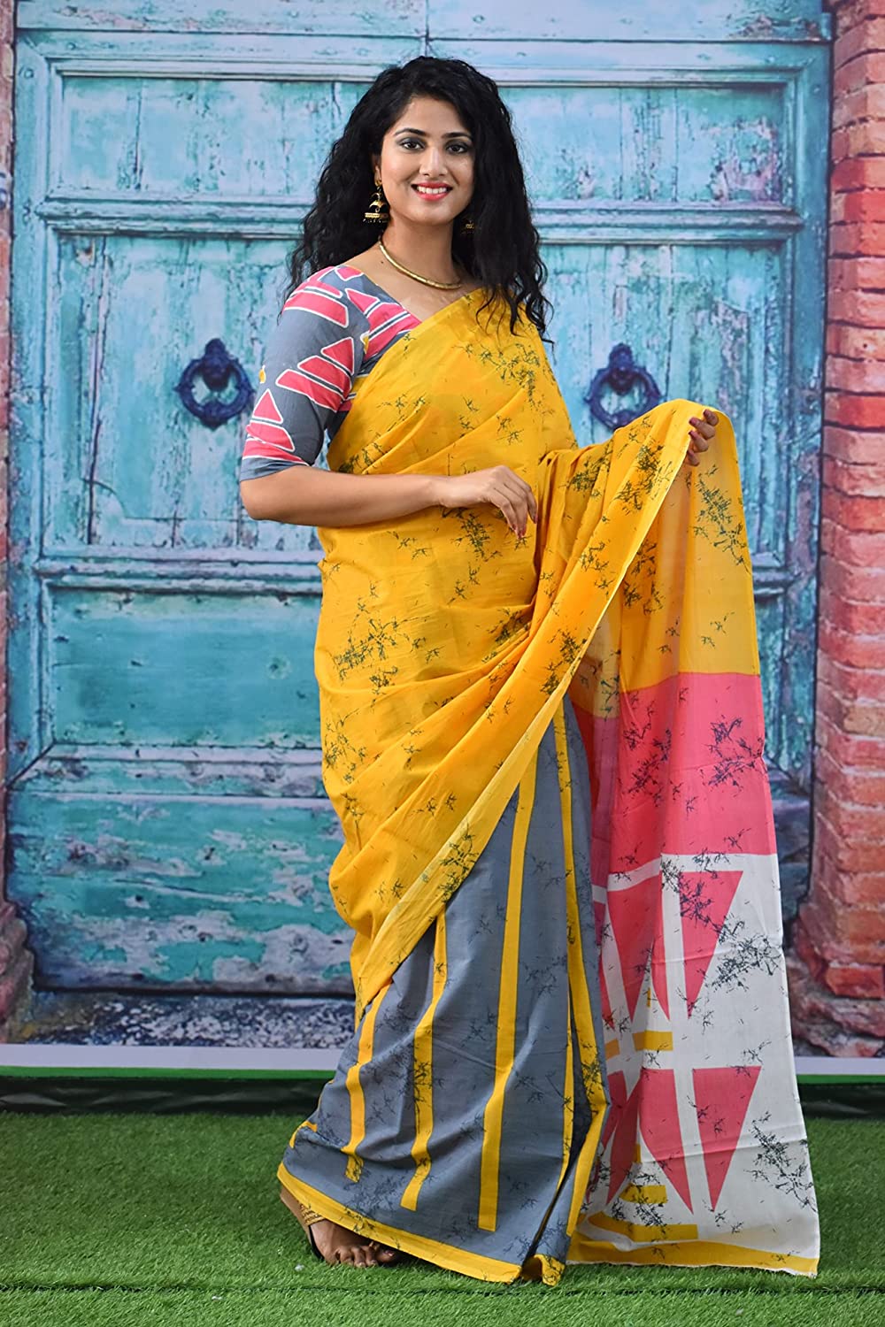 Printed Mustard Yellow Batik Print Cotton MulMul Saree