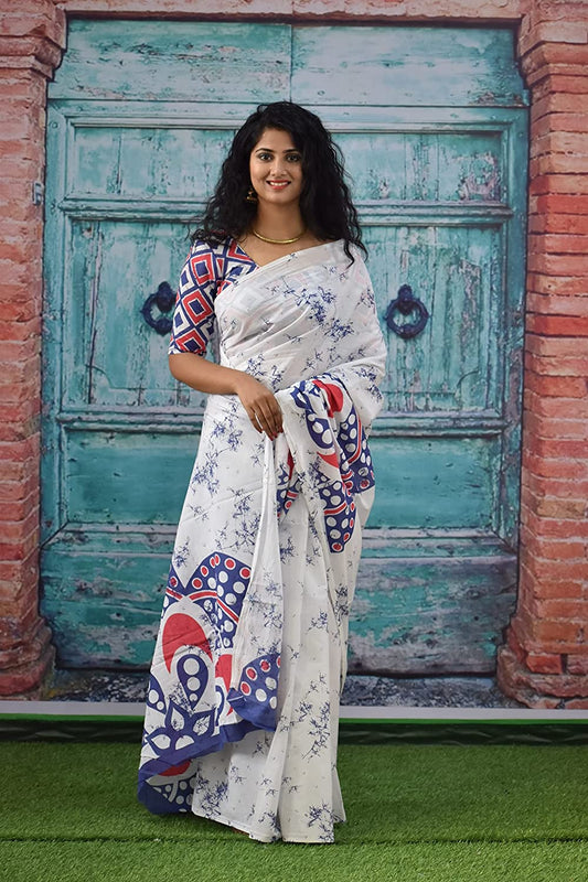 Printed White Blue Batik Print Cotton MulMul Saree