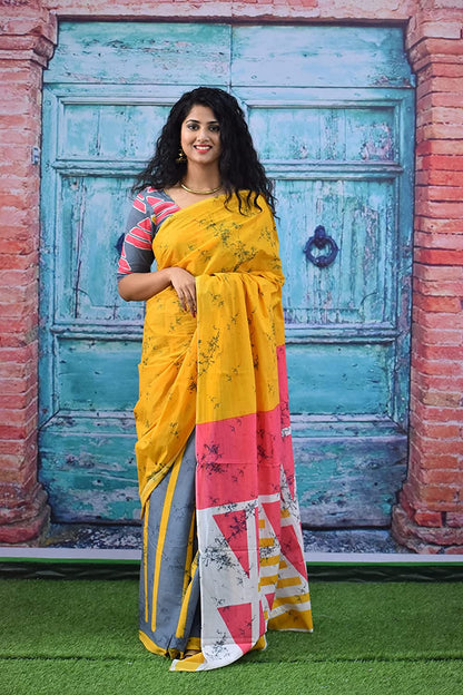 Printed Mustard Yellow Batik Print Cotton MulMul Saree