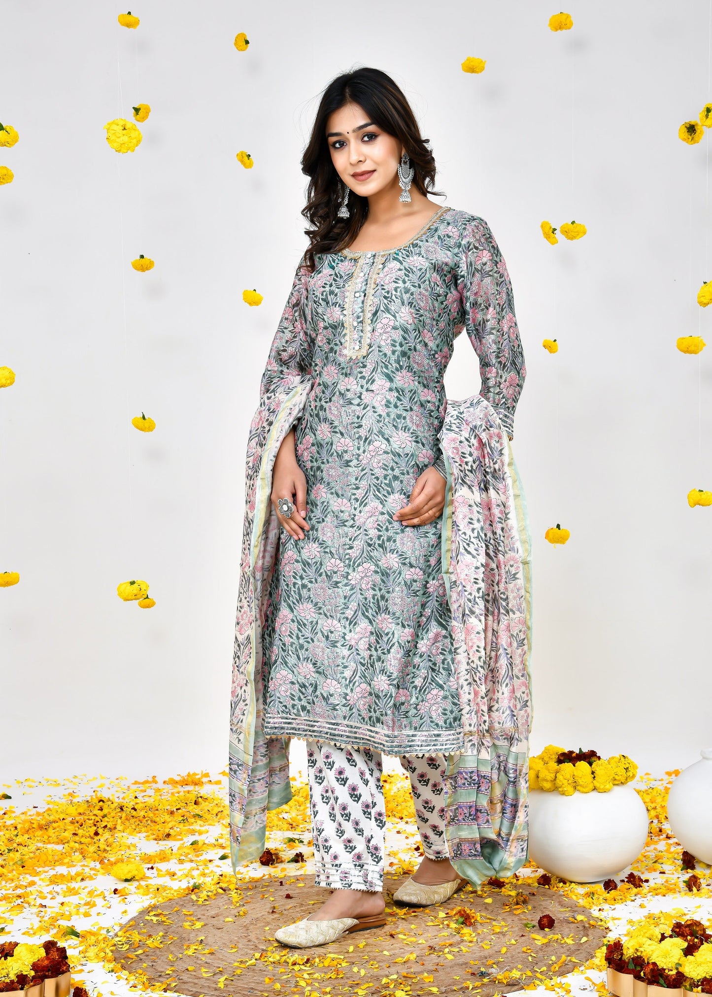 Adweta Sea Green Chanderi Silk Suit Dress