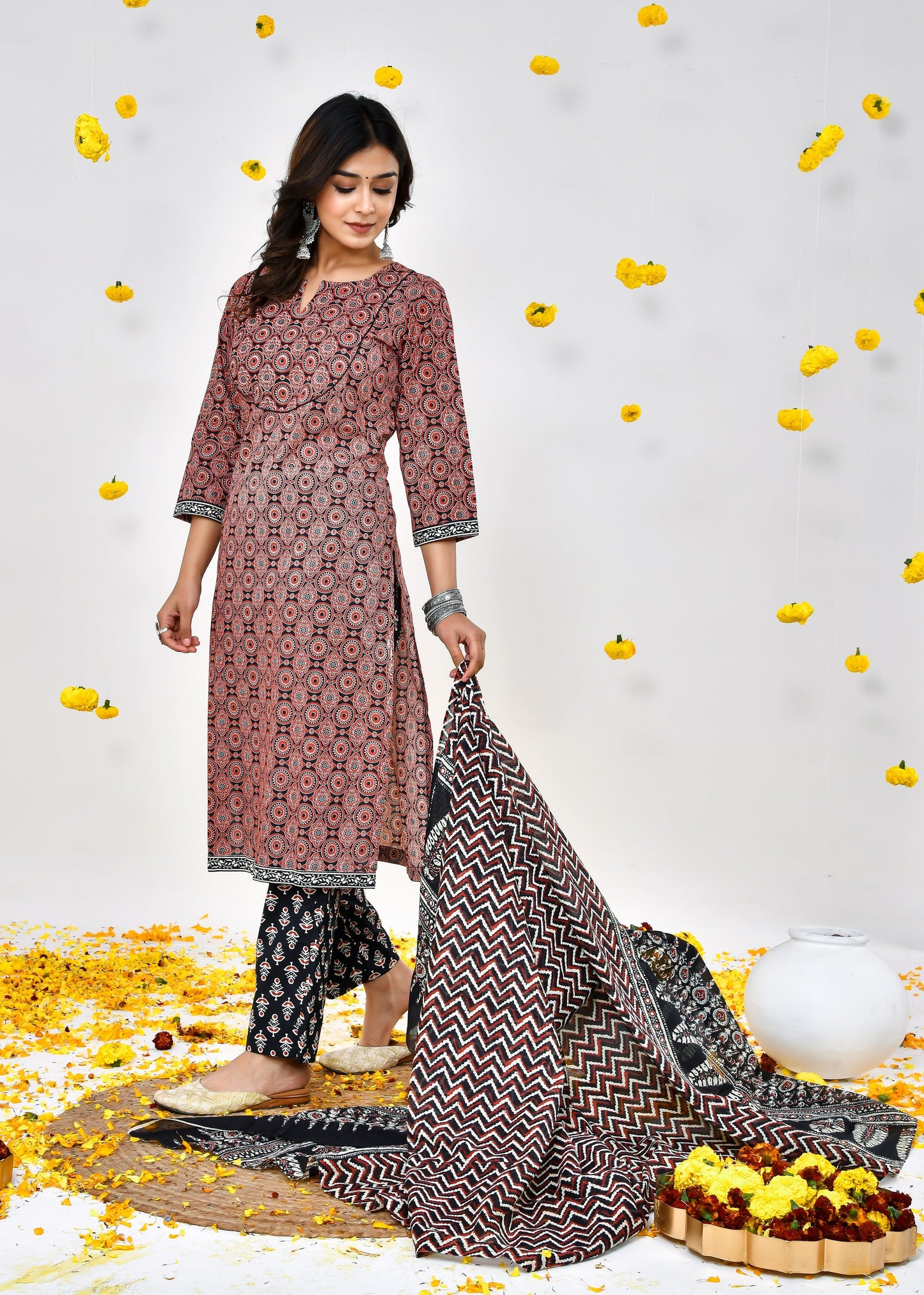 Warina Dark Brown Cotton Dupatta Dress