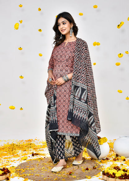 Warina Dark Brown Cotton Dupatta Dress