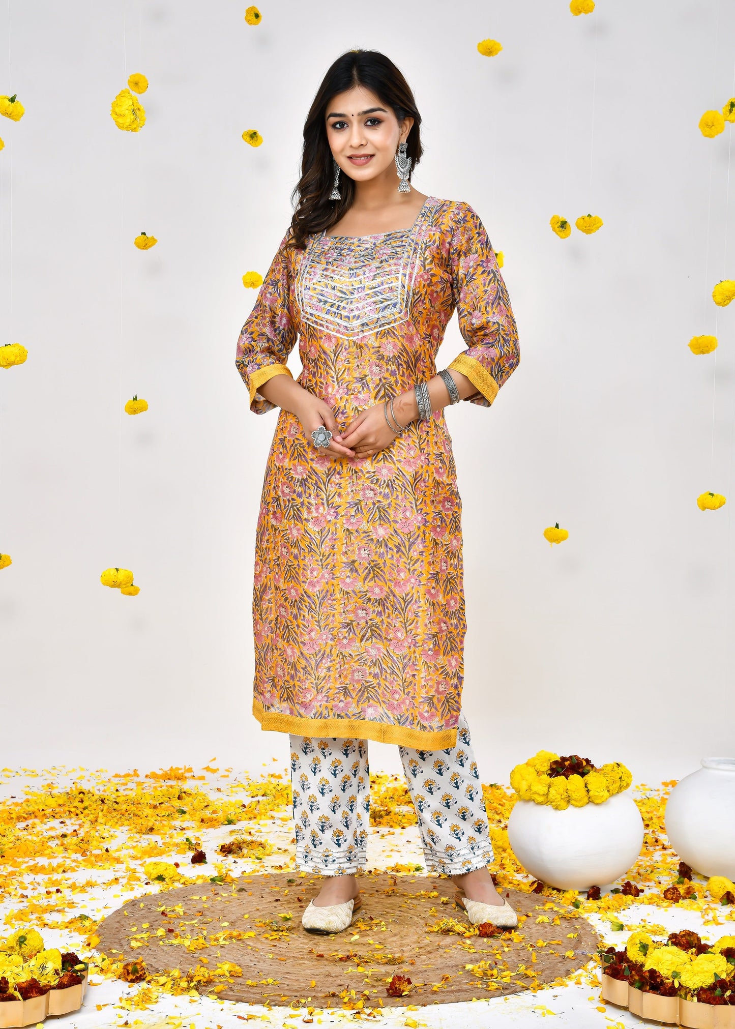 Bella Golden Yellow Maheshwari Silk Suit Dress