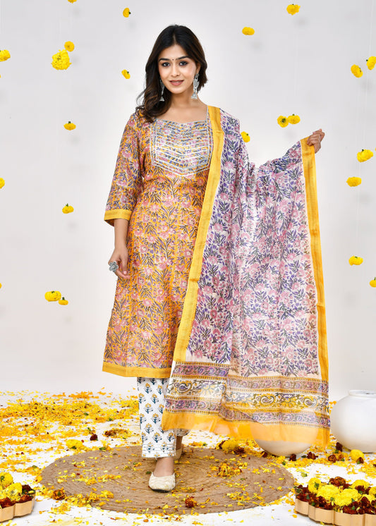 Bella Golden Yellow Maheshwari Silk Suit Dress