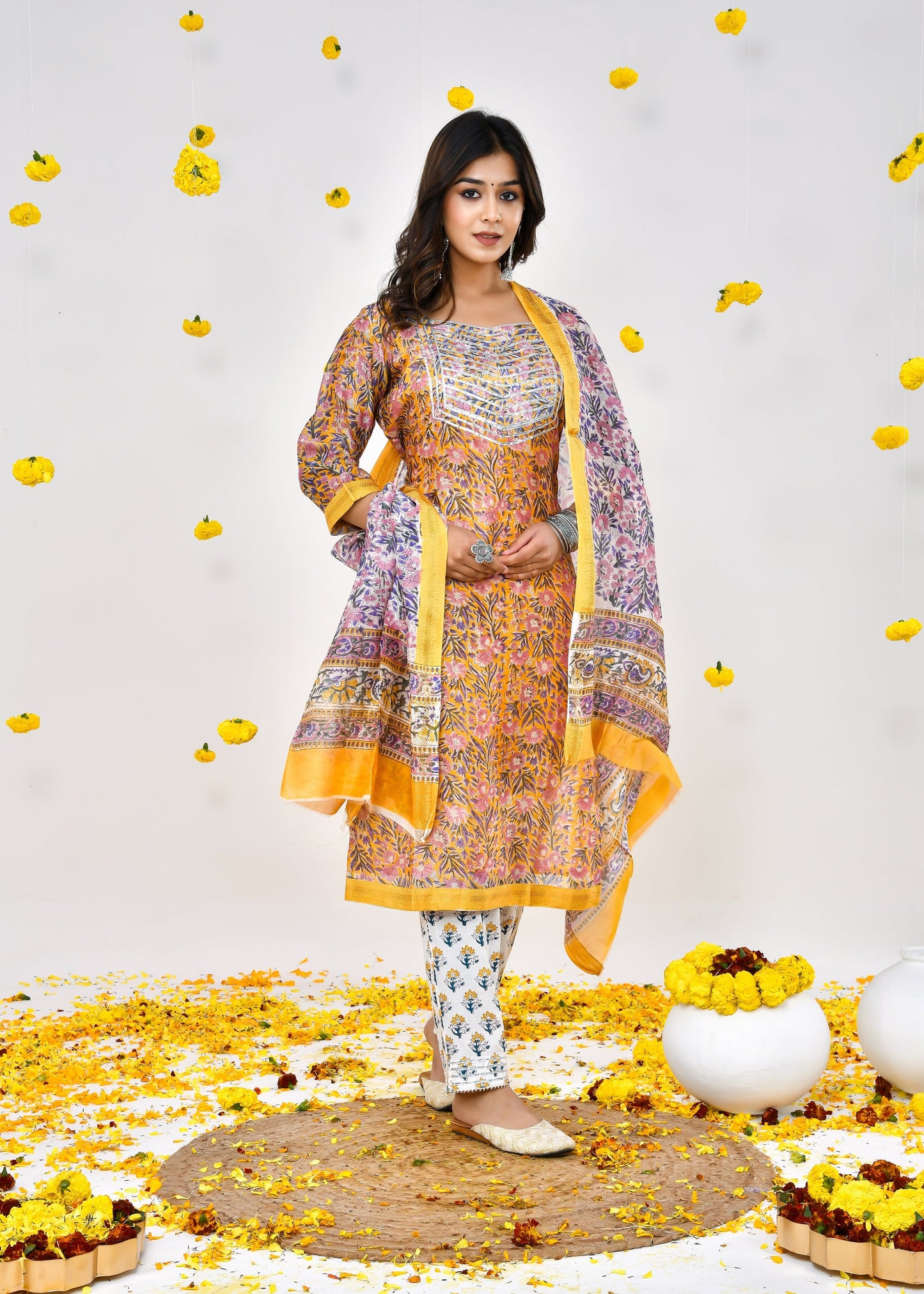 Bella Golden Yellow Maheshwari Silk Suit Dress