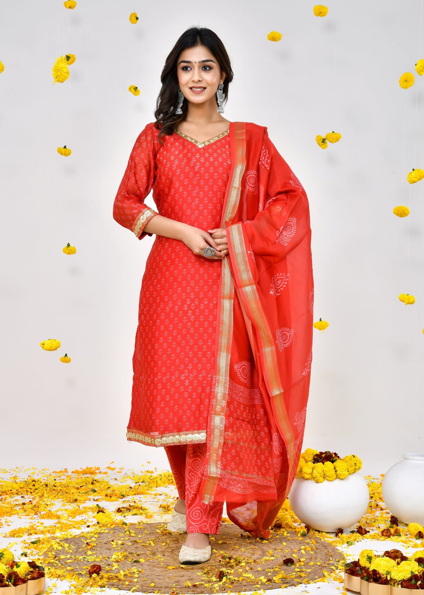 Vivia Red Maheshwari Silk Suit Dress