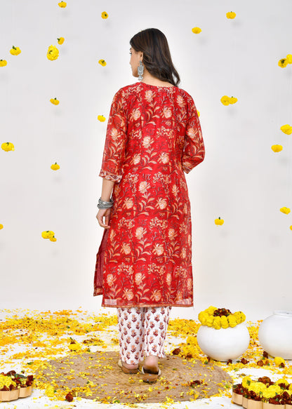 Clara Blood Red Chanderi Silk Suit Dress