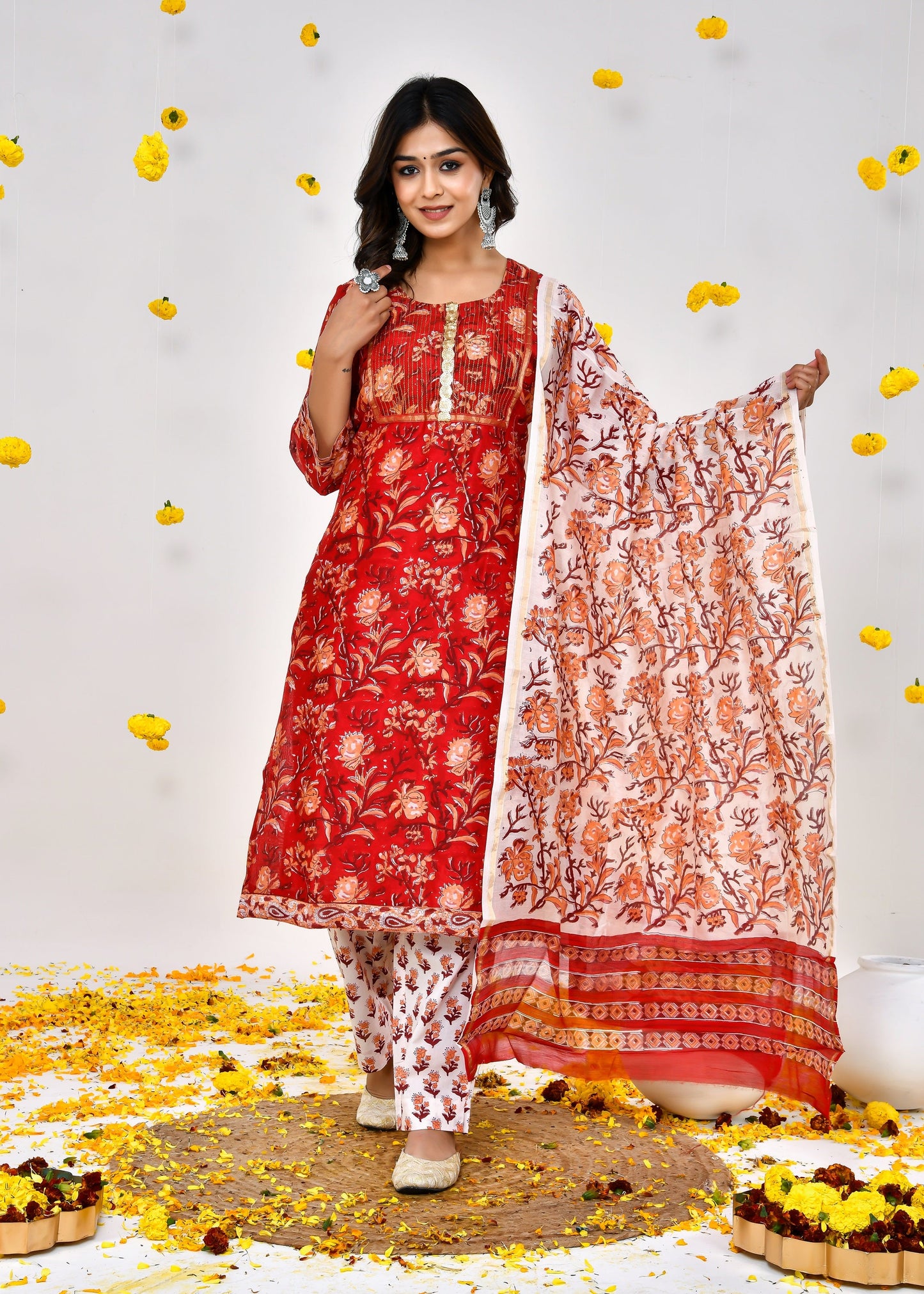 Clara Blood Red Chanderi Silk Suit Dress