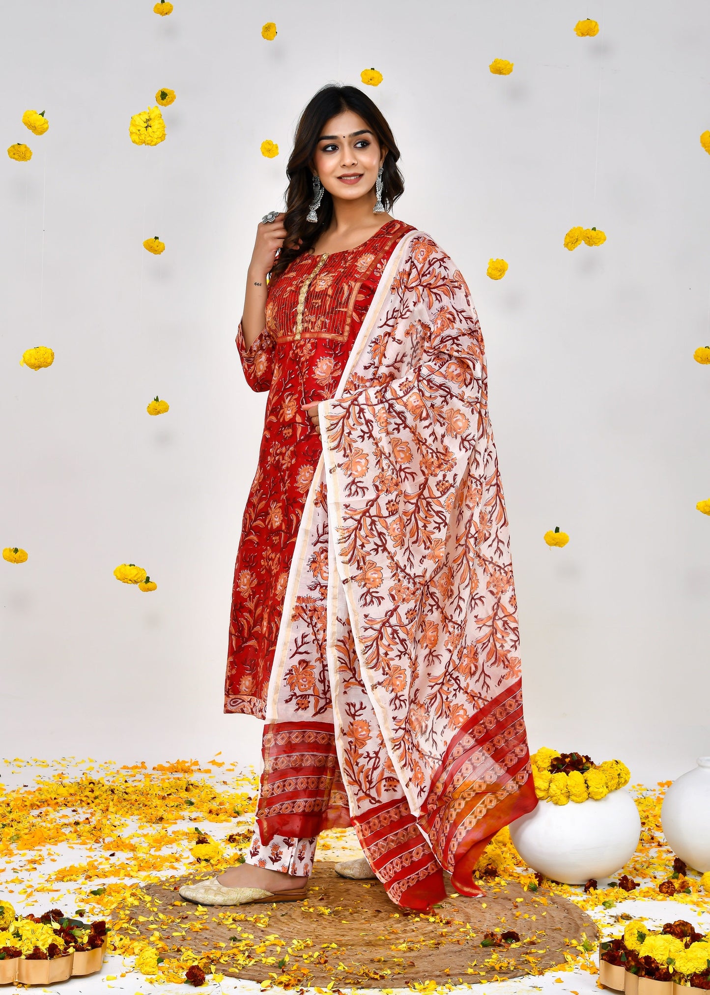 Clara Blood Red Chanderi Silk Suit Dress