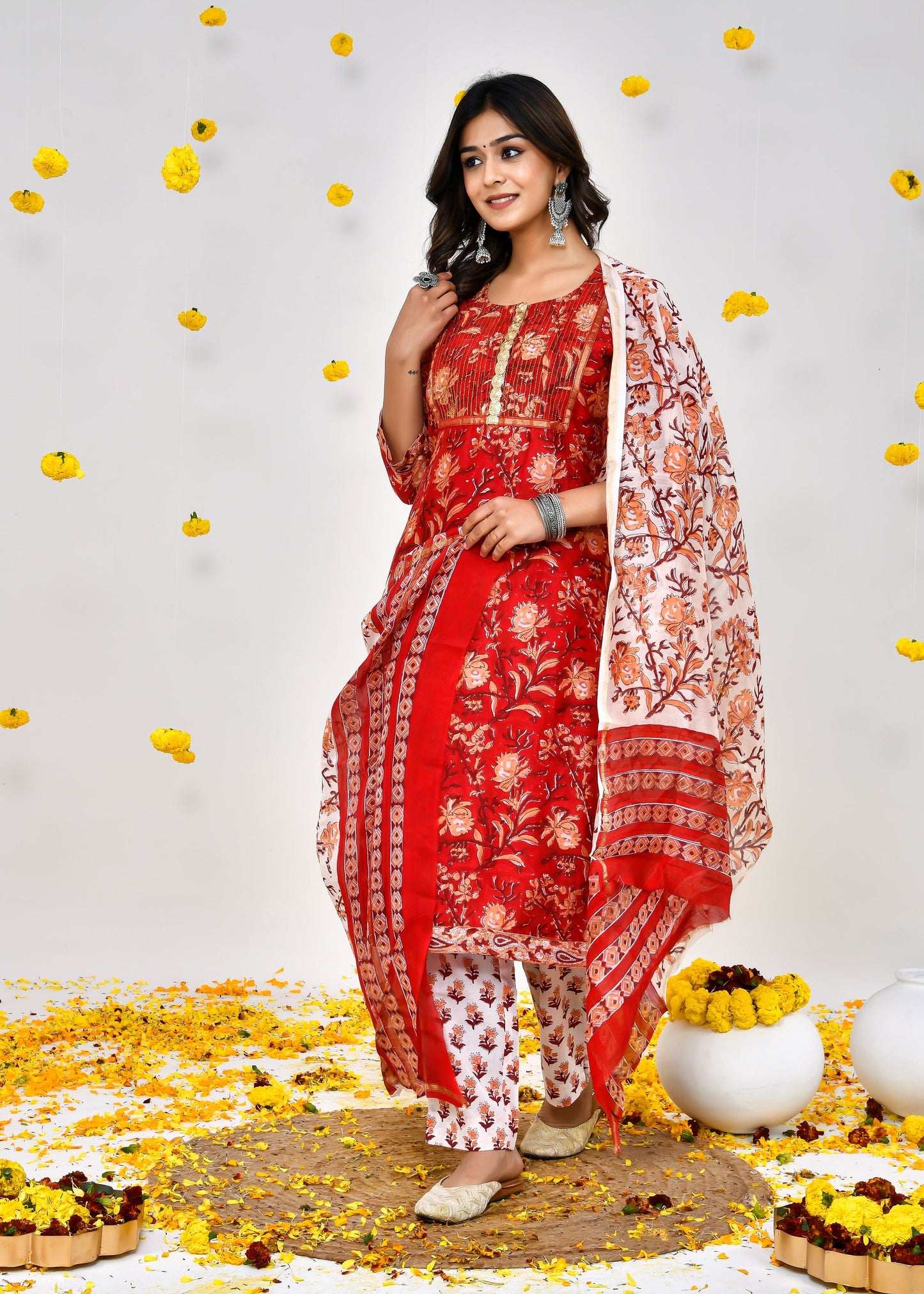 Clara Blood Red Chanderi Silk Suit Dress