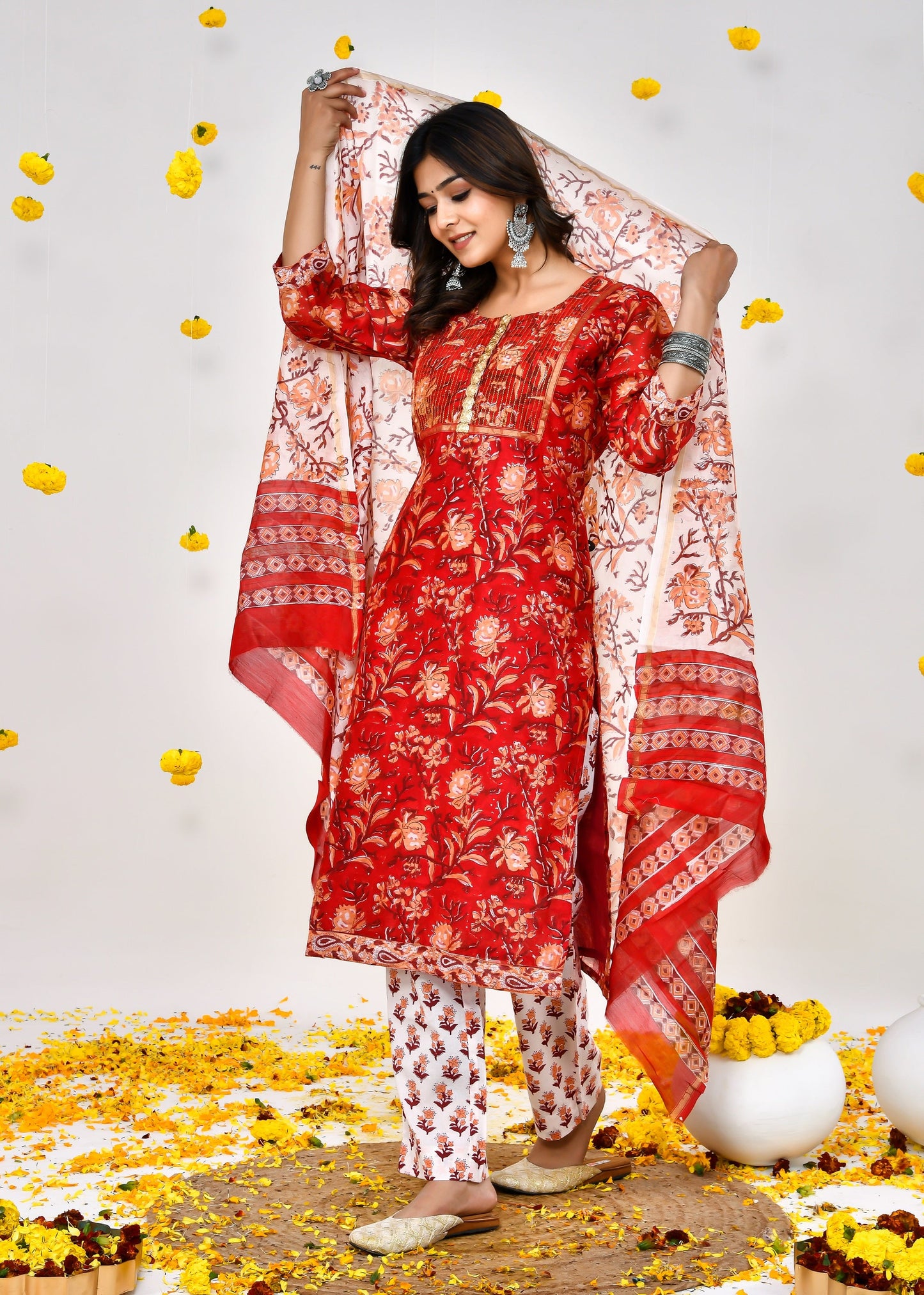 Clara Blood Red Chanderi Silk Suit Dress