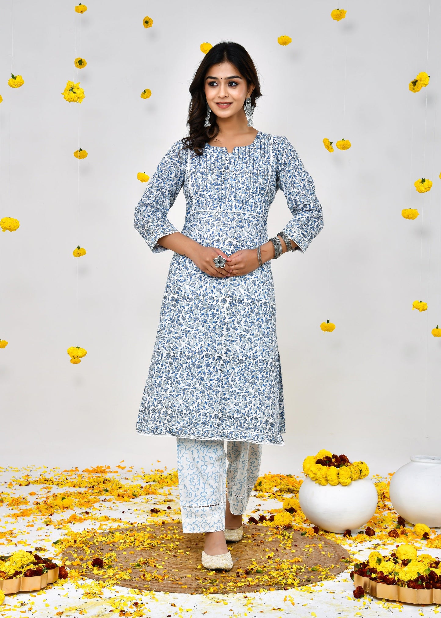 Devina White & Blue Cotton Chanderi Dupatta Dress