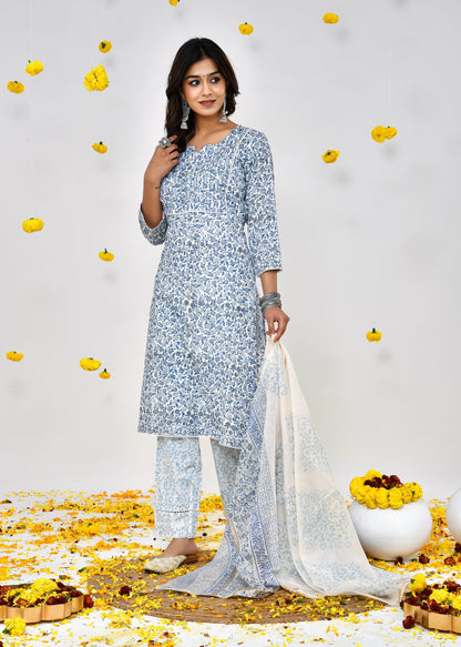 Devina White & Blue Cotton Chanderi Dupatta Dress