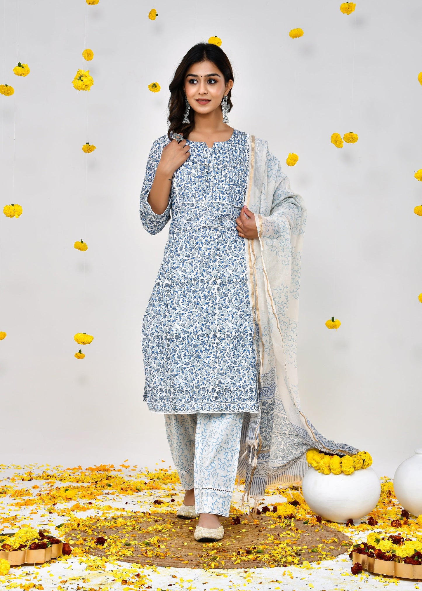 Devina White & Blue Cotton Chanderi Dupatta Dress