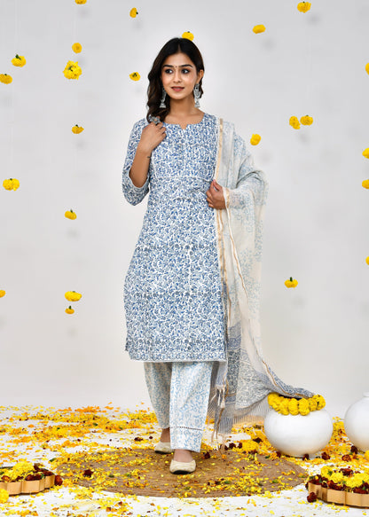 Devina White & Blue Cotton Chanderi Dupatta Dress