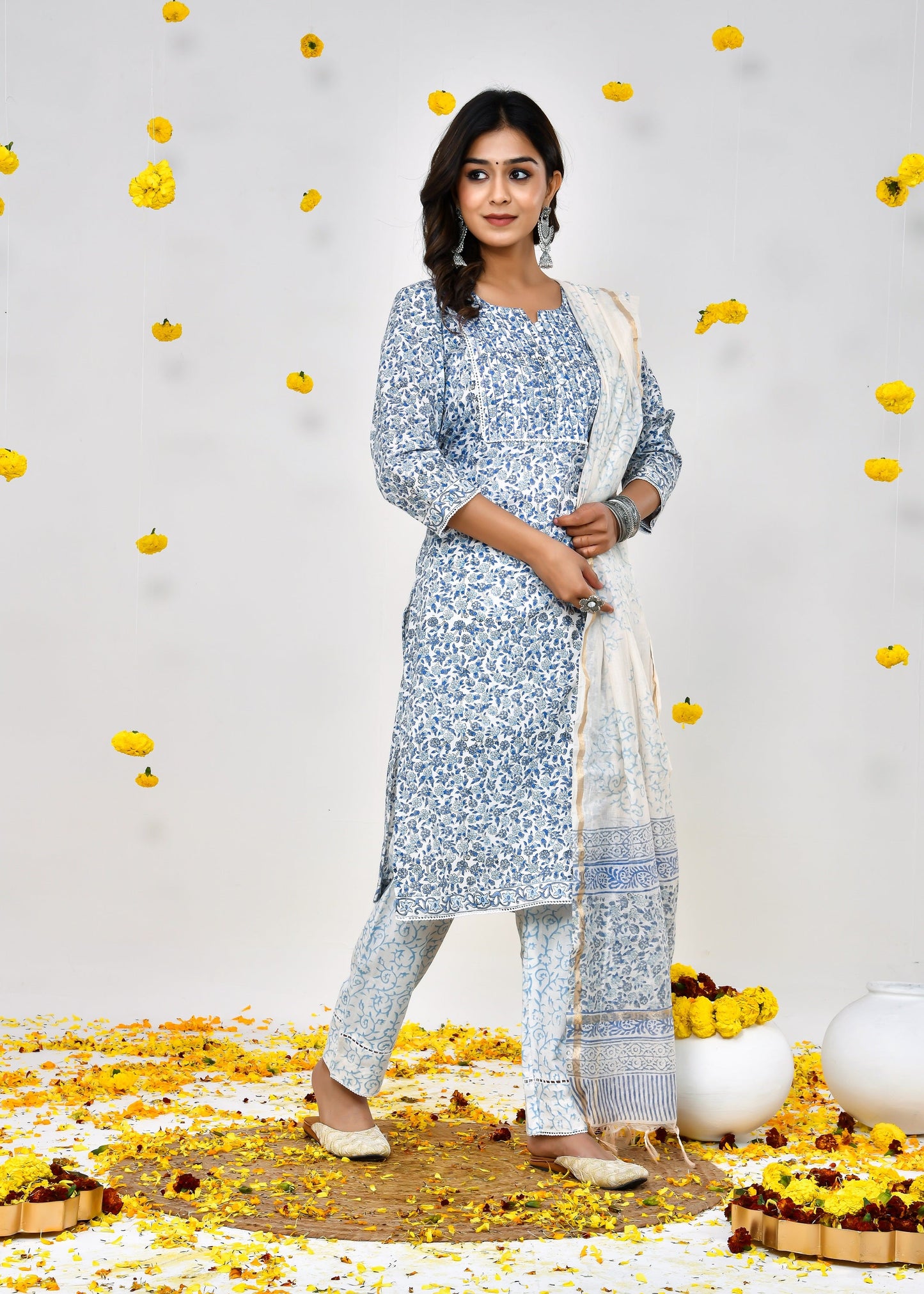 Devina White & Blue Cotton Chanderi Dupatta Dress