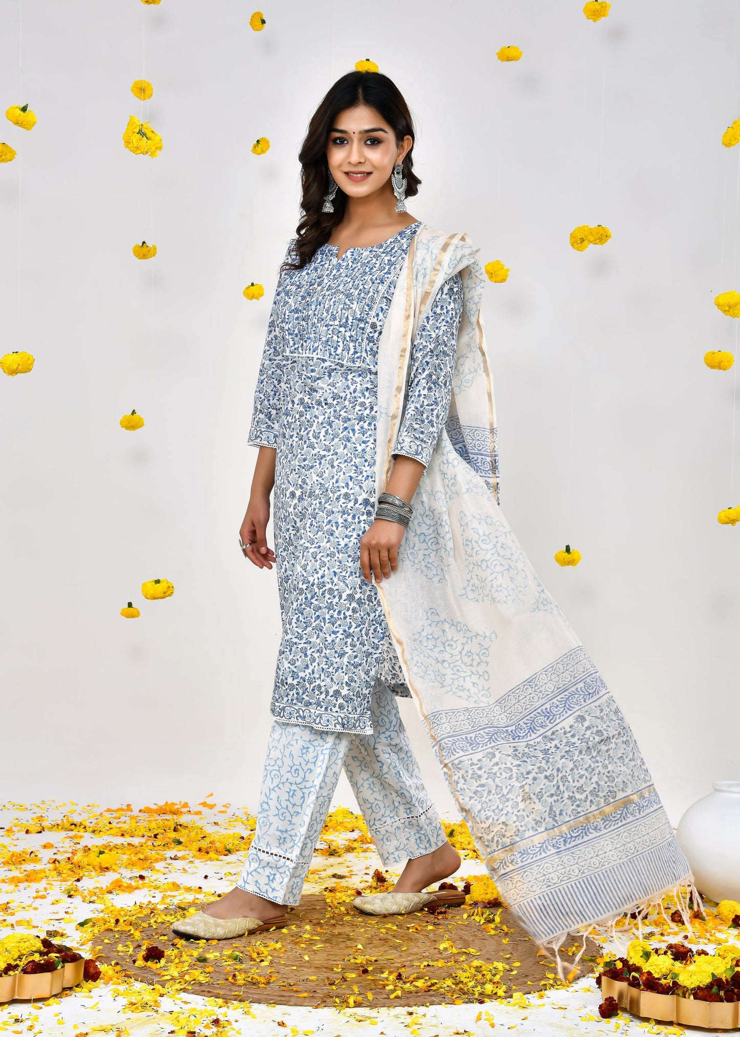 Devina White & Blue Cotton Chanderi Dupatta Dress