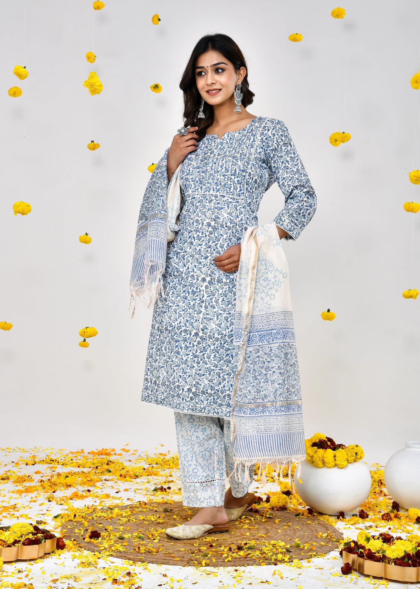 Devina White & Blue Cotton Chanderi Dupatta Dress