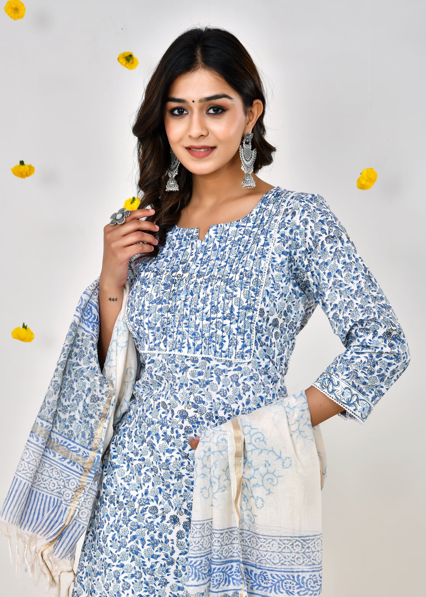 Devina White & Blue Cotton Chanderi Dupatta Dress